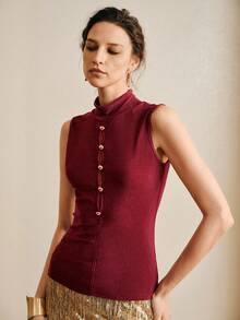 Arave Women's Knit Fabric Round Neck Sleeveless Hollow Out Single-Breasted Casual/Party Sexy Romantic Blouse, Red - Red - View 4