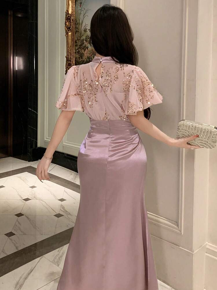 Elegant Party Holiday Easter Pink Sequin Splice Midi Dress For Women Sundress Summer
