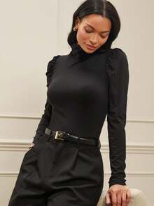 Lilora Áo thun nữ tay phồng thanh lịch có cúc trang trí - màu đen - Xem 3