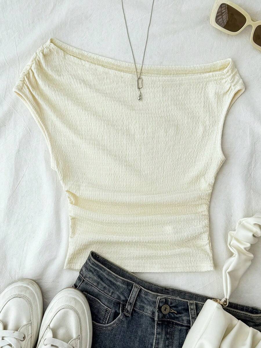 少女白色针织休闲简约波点印花不对称褶皱短款上衣，适合春夏穿着，休闲百搭，可打造个性造型，日常穿着 - 杏色 - 查看 1