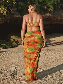 SHEIN BAE Bộ bikini hai mảnh gợi cảm kiểu tie-dye dành cho nữ cỡ lớn, kèm váy, thích hợp mặc đi biển mùa hè. - Nhiều màu - Xem 2