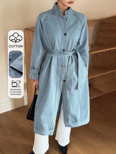 DAZY Women's Stand Collar Belted Long Casual Denim Jacket And Coat