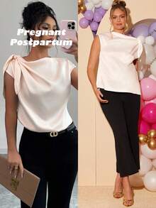 Loomaby Blusa Elegante Assimétrica de Ombro com Nó, Manga Curta, Cor Sólida, para Revelação de Gênero e Chá de Bebê, Branca - Damasco - Visão 7