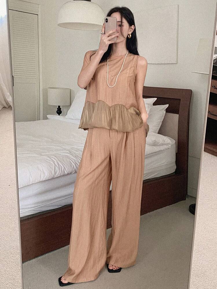 Women's Ruffle Trim Sleeveless Top And Elastic Waist Wide Leg Pants Vacation Style Casual Two-Piece Set