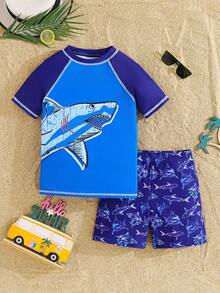 SHEIN 2pcs Kids/Tween Boys' Casual Versatile Printed Pattern Crew Neck Short Sleeve Swimsuit Top And Printed Swim Trunks Set - Blue - View 5