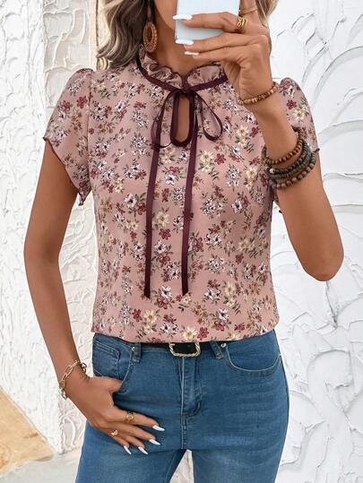 SHEIN Clasi 修身女士撞色短袖衬衫 夏季女装 教师装 白色衬衫 乡村风女装 夏季女装