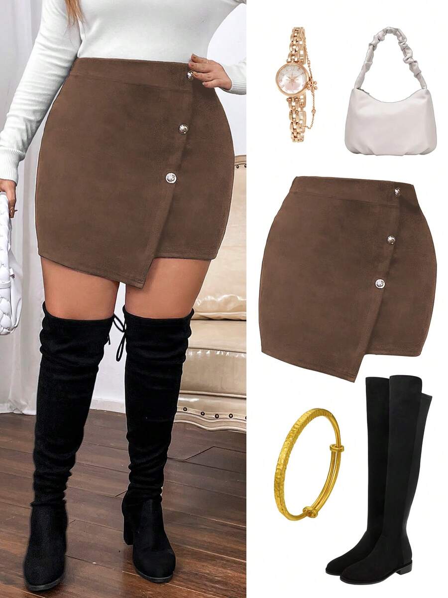 Vionelle Plus Size Solid Color Button Wrap Asymmetric Hem Fitted Skirt Brown Skirt Woman Skirt - Coffee Brown - View 1