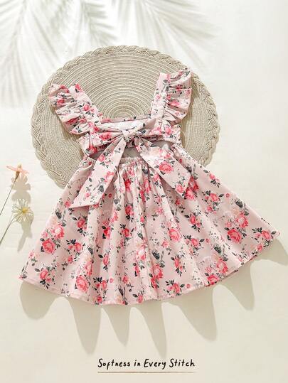 SHEIN 女婴/幼儿女童无袖碎花荷叶边露背连衣裙，配有可拆卸蝴蝶结和镂空腰身，时尚、甜美、可爱、休闲，适合海滩、郊游、乡村、日常穿着、派对等多种场合。