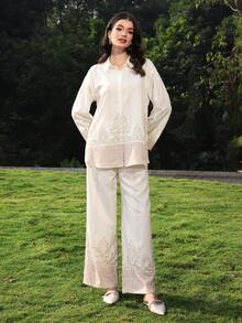 Mulvari Women's Casual Vacation Style Plant Print Drop Shoulder Loose Flare Sleeve Shirt And Wide Leg Pants Set, Spring/Autumn - Multicolor - View 4