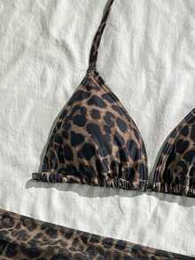 少女比基尼套装，三件套，豹纹针织泳衣搭配罩裙，时尚优雅休闲，适合游泳、度假、夏季穿着。少女夏季服装，少女泳装套装，儿童两件式泳衣，儿童泳装套装，儿童游泳服，儿童沙滩装，夏季假期 - 彩色 - 查看 8