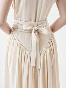 SHEIN Stylify 女士人字纹竹节结V领落肩袖收腰A字型撞色缝线优雅法式浪漫复古通勤商务海滩度假休闲时尚经典中长连衣裙，适合婚礼、情人节、下午茶、派对、春夏新品 - 杏色 - 查看 3