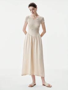 Aalyst V领短袖针织连衣裙，修身剪裁，休闲百搭，收腰设计，优雅时尚，秋季必备单品 - 卡其色 - 查看 4