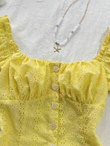 Flirla Women's Yellow Hollow Embroidered Square Collar Puff Sleeve Cinched Waist Button-Up Shirt,Sweet Boho Casual Summer Holiday Picnic Beach Short Top - Yellow - View 4