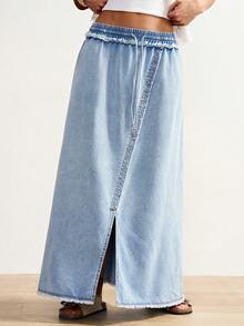 Bohemela Women's Denim Midi Skirt, Loose Straight Long Skirt, Solid Color, Drawstring Belt, Slit Pockets, Casual Denim Midi Skirt, Light Blue Denim Midi Skirt Summer Clothes  Spring Outfit Women  Valentine's Day Beach Outfits For Women Beach Outfit  Vacation Outfits Women  Y2k Clothes Beach Skirt - Light Wash - View 6