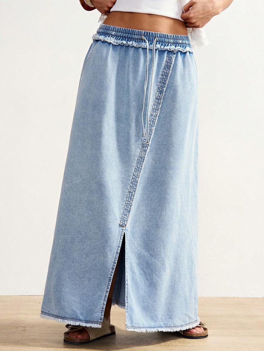Bohemela 女士牛仔裙，宽松直筒长裙，纯色，抽绳腰带，侧缝口袋，休闲牛仔裙，浅蓝色牛仔裙，适合夏季春季穿着，情人节海滩度假必备，Y2K风格 - 淺色水洗藍 - 查看 1