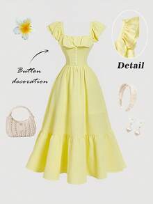 SHEIN MOD 女士休闲荷叶边短袖连衣裙，黄色 - Butter Yellow - 查看 4
