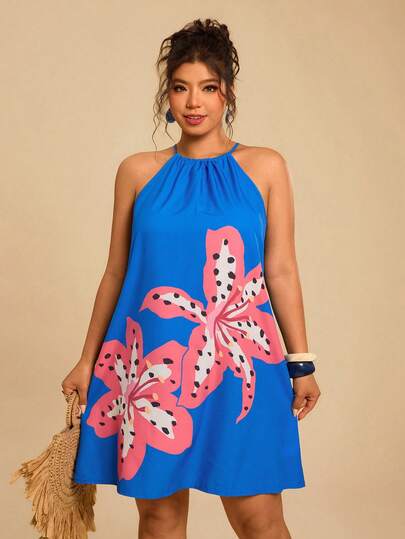 Travachic Vestido casual de vacaciones con cuello halter y estampado floral para tallas grandes