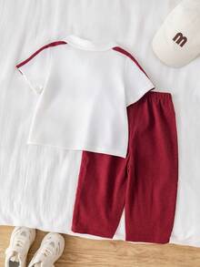 SHEIN 2pcs/Set Baby BoyCasual Versatile Argyle Pattern Short Sleeve Polo Shirt And Red Pants Outfit, Spring/Summer - Red - View 2