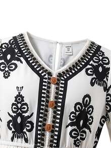 SHEIN Tween Girl Off-White Ditsy Floral V-Neck Long-Sleeved Dress,Elegant Jalabiya Prayer Robe - Red and White - View 6