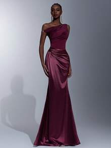 Elitara Vestido de cola de pez con decoración de hebilla metálica, hombro asimétrico, satén con brillo metálico burdeos, adecuado para bodas, eventos formales, damas de honor, fiestas de cóctel - Burdeos - Ver 5