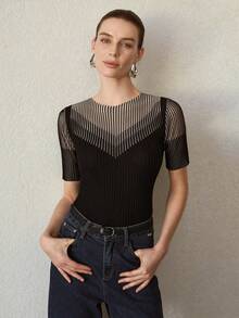 MOTF PREMIUM 撞色欧根纱短袖针织上衣 - 黑色 - 查看 6