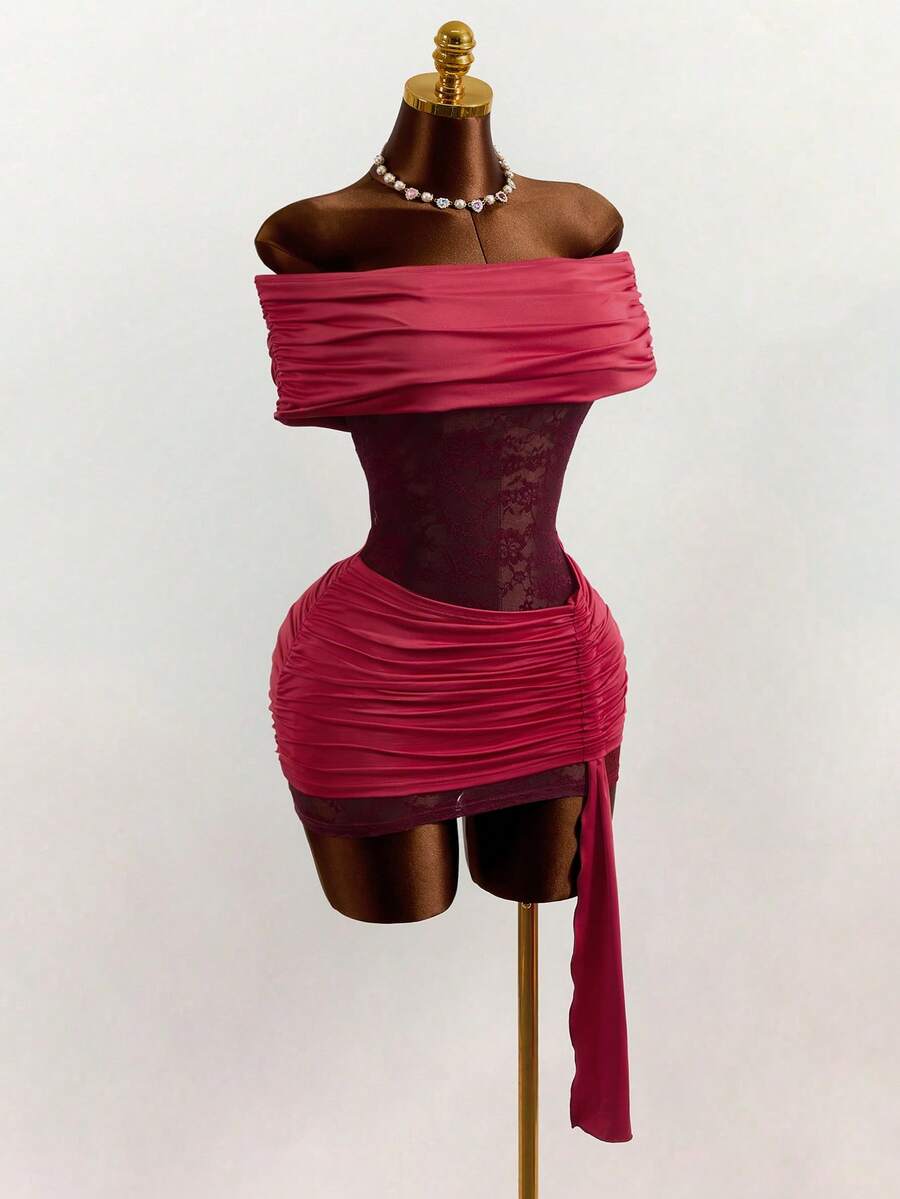 Mistrie Date Night Outfit Sexy Sheer Wine Red Off-Shoulder Lace Mesh Bodycon Mini Dress With Ruched Detail - Red - View 1