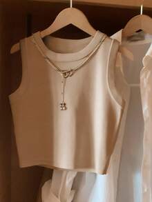 Resyla 女士卡其色圆领休闲百搭背心 - 卡其色 - 查看 3