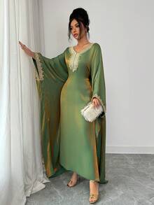 Rafferiza Spring/Summer New Elegant Party Gold Lace Trim Shiny Loose Adjustable Waist Inclusive Fit Women Dress - Green - View 4