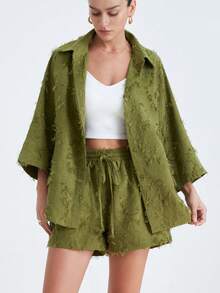 Aveloria Modichic Casual Semester Mångsidig Jacquard Tassel Tyg Design Lapel Button Lös Skjorta & Resårmidja Dragsko Shorts Set, Grön, Lämplig För Semester, Picknick, Pendling - Grön - Visa 4
