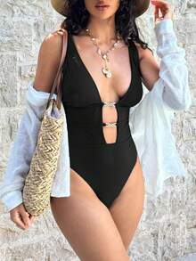 Swim Glamine Áo tắm liền thân gợi cảm màu trơn khoét eo dành cho nữ, thích hợp cho kỳ nghỉ. - màu đen - Xem 3