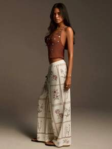 Athîral Women's Casual Vacation Embroidered Floral Trim Elastic Waist Pants, Spring/Summer - Apricot - View 6