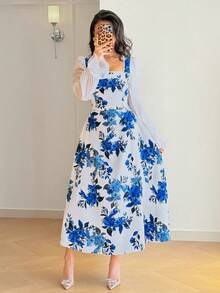 Rafferiza 女士新款雪纺短袖复古方领腰部褶皱中式印花浪漫优雅连衣裙，春夏款 - 藍色 - 查看 4