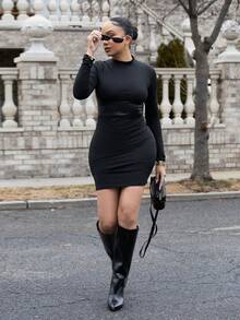 Melissa Matos 女士立领长袖修身休闲短裙、性感黑色连衣裙、黑色连衣裙、长款黑色连衣裙、女士约会夜装 - 黑色 - 查看 5