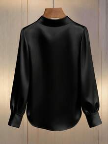Franclia Blusa holgada de manga larga con cuello adornado con perlas, de estilo elegante para el día a día para mujeres - Negro - Ver 2