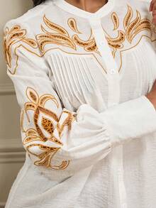 Lilora 女士圆领插肩长袖褶裥宽松前襟纽扣衬衫 - 杏色 - 查看 8