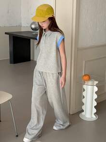 Dazy Kids Tween Girl Casual Contrast Binding Polo Shirt And Wide Leg Pants Set, Spring/Summer - Grey - View 2