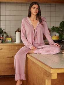 Valentine's Day Bohemian Style Lace Patchwork Ruffle Bow Tie Front Cotton Women Pajama Set - Dusty Pink - View 1