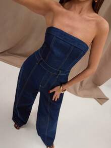 SHEIN BAE Women's Loose Fit Strapless Wide Leg Casual Denim Jumpsuit,Commuting Jumpsuits, Summer Denim Jumpsuits, Work Denim Jumpsuits, Casual Jumpsuits,Casual Outfit For Women,Raw Denim Jumpsuit,Summer Outfits For Women,Spring Clothes Women ,Elegant Jumpsuit For Women,Holiday Outfits For Women - Dark Wash - View 7