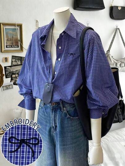 Lalippa Blusas para mujer, chaqueta camisa a cuadros azul francés para mujer 2026 Nuevo estilo de primavera temprana, diseño casual suelto, camisa pequeña y versátil para tu novia