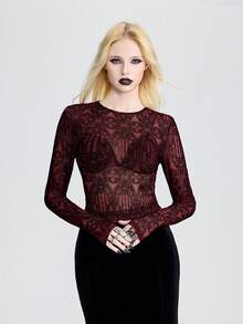 Breakform Áo nữ phong cách Gothic tối màu, chất liệu lưới nhung họa tiết rắn, cổ tròn, tay dài, ôm sát, gợi cảm, thích hợp cho đi chơi hàng ngày và các lễ hội. - Đỏ và đen - Xem 3