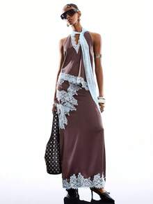 LYSMO Chân váy nữ dáng suông cạp thấp phối ren tương phản phong cách vintage, thích hợp mặc hàng ngày. - Cà phê nâu - Xem 6