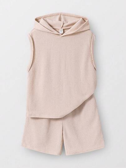 Conjunto informal de niño preadolescente de estilo coreano con ajuste holgado, compuesto por una sudadera con capucha y pantalones cortos de color albaricoque, adecuado para ir y venir, la escuela, el uso diario casual, deportes, primavera/verano, playa, vacaciones