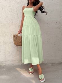 Sunnyshic Đầm không tay dáng rộng, thắt dây rút, chất liệu vải họa tiết đào, kiểu dáng thoải mái cho kỳ nghỉ. - Xanh lá cây Mù sương - Xem 4