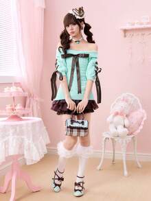 ROMWE Kawaii Cute One-Shoulder Bow Tie Fitted Women Sweater - Mint Blue - View 2