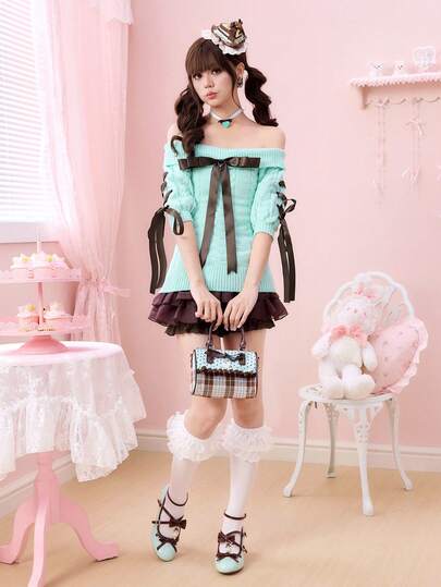 ROMWE Kawaii Suéter ajustado de mujer con lazo de un solo hombro