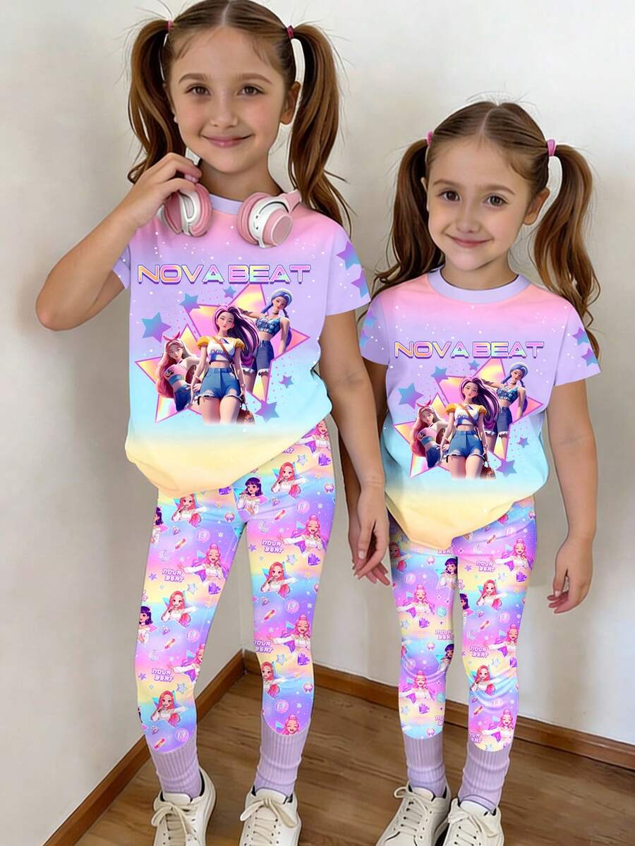 1 Set Young Girls Casual Fashion Cartoon K-POP Girl Group NOVA BEAT Style Outfit, Ombre Pink-Purple Short Sleeve T-Shirt + Printed Leggings, Summer Stylish Casual Wear - Multicolor - View 1