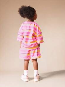SUMWON Oversized Girls Horizontal Striped T-Shirt And Shorts Co-Ord Set Summer Casual Crew Neck Short Sleeve Two Piece Outfit - Pink - View 2
