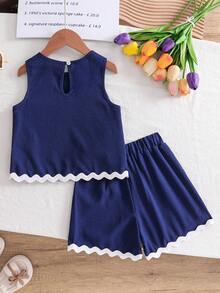 Genkimix Kids 女童纹理面料撞色下摆无袖上衣和休闲短裤T恤套装 - 藏蓝色 - 查看 2