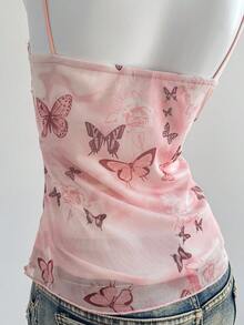 SHEIN Unity Áo hai dây kiểu Bohemian màu xanh lá cây dành cho nữ, chất liệu lưới, in hoa, viền ren, phối nhiều mảng màu, thích hợp cho kỳ nghỉ hè. - màu xanh lá - Xem 6