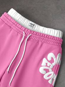 SLATEMANN Men's Letter Print Contrast Color Drawstring Waist Sweatpants - Baby Pink - View 4